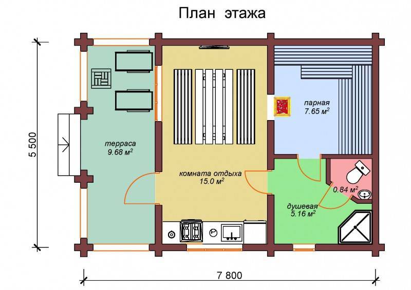 Проекты бань с комнатой отдыха (75 фото): строения с террасой, туалетом и бассейном, варианты с купелью и мансардой из кирпича